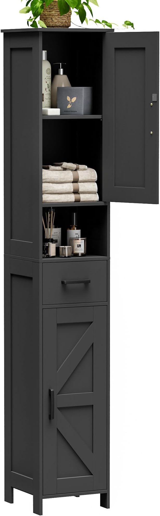 Homhedy 67" H Tall Bathroom Storage Cabinet with Barn Doors and Drawer | Narrow Storage Unit with Adjustable Shelves, Floor Cabinet for Bathroom, Living Room, Entryway or Kitchen, Black, 11.8" W