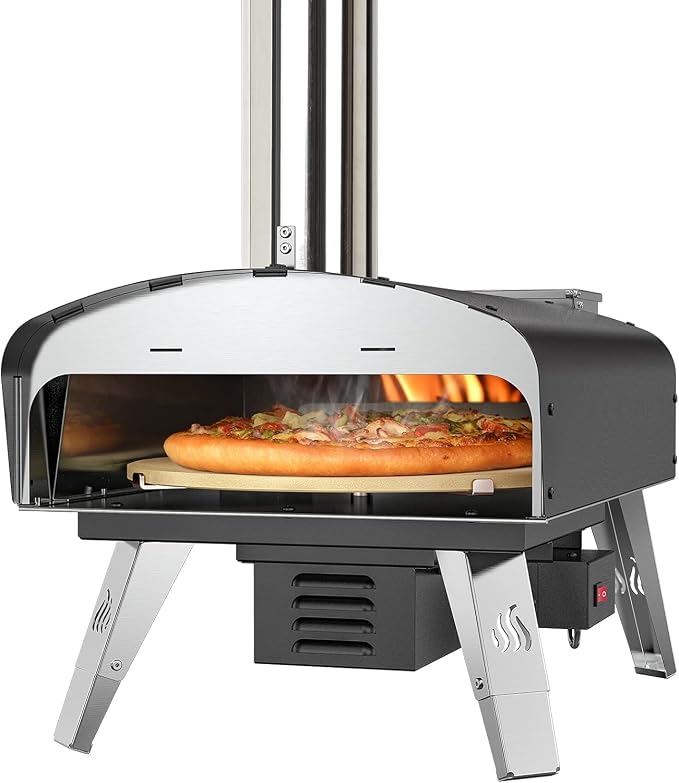 Mimiuo Auto-Rotating Wood Pellet Pizza Oven Outdoor 40Lbs, 60S Bake w/Stone | Heavy Duty, Fast Baking, Complete Baking Tool (Automatic Spinning System, Stone, Peel & Cover), Easy Operation