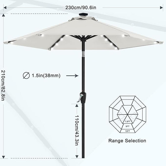 MASTERCANOPY 7.5FT 6Ribs Patio Umbrella with 32 Solar LED Lights, Outdoor Market Umbrella with Tilt & Crank, UV Protection & Fade Resistant Fabric, Easy Set-Up for Garden, Deck, Pool (Light Beige)