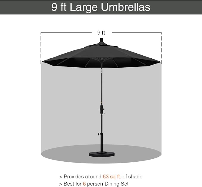 California Umbrella 9' Round Aluminum Market Umbrella, Crank Lift, Collar Tilt, White Pole, Black Olefin