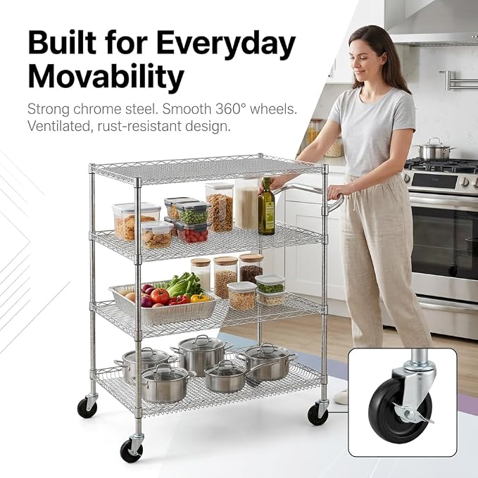 Finnhomy 4 Tier Heavy Duty Commercial Grade Rolling Cart with Handle Bar, Metal Wire Utility Cart with Wheels, Service Trolley on Wheels, Shelf Size 24" D x 36" W, NSF, Chrome