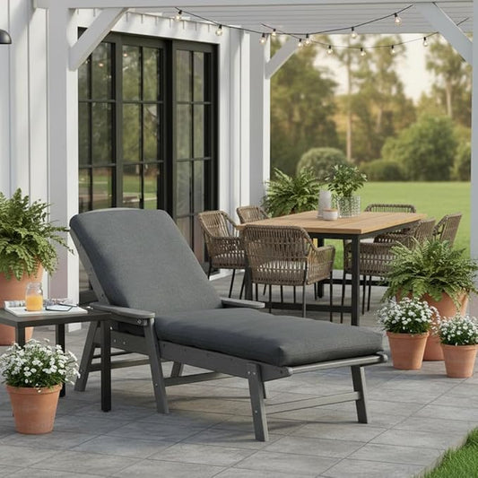 Modern Outdoor Chaise Lounge Cushion with Ties – Durable Polyester Fabric, Channel-Filled Polyfiber Insert, Removable Zippered Cover, Carbon