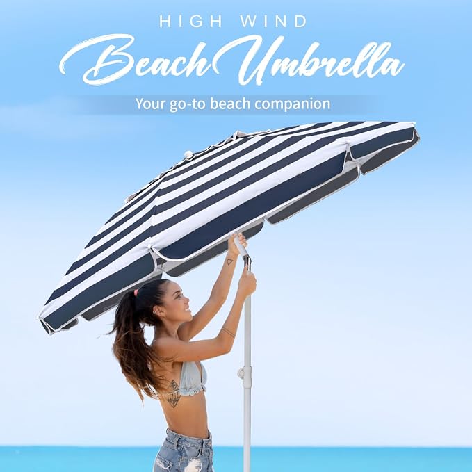 AMMSUN 6.5ft Portable Patio Beach Umbrella for Sand with Tilt, Air Vent | UPF50+ Sun Protection, Windproof Outdoor Umbrellas with Carry Bag, for Patio Beach Garden Pool Backyard, Navy Stripes