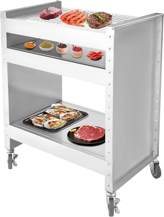 Coal Charcoal Grill with Storage Table and Wheels, BBQ Serving Cart Cooking Space, Heavy Duty Stainless Steel Charcoal BBQ Grill Barbecue Stand for Outdoor Backyard Patio Picnic Parties Camping