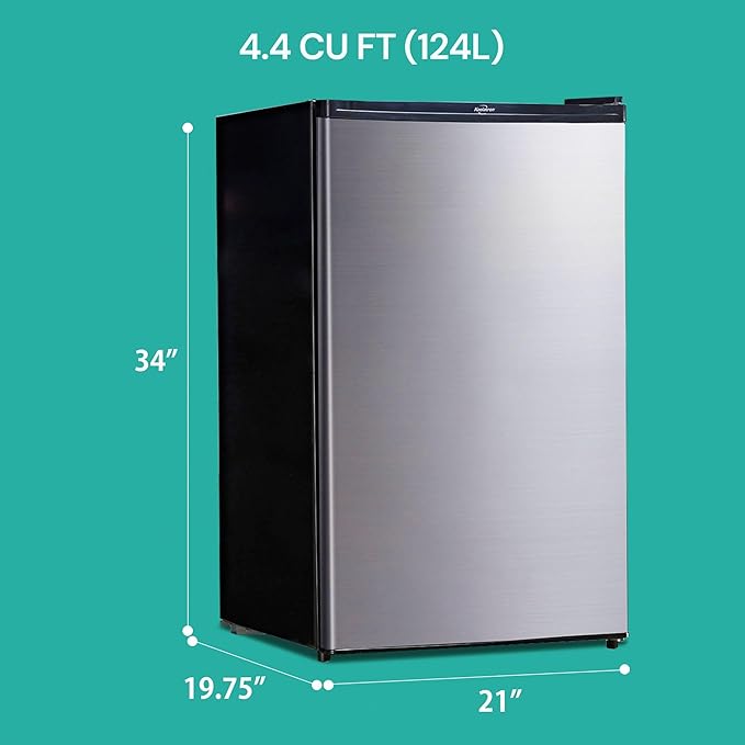 Koolatron Stainless Steel Compact Fridge with Freezer, 4.4 cu ft (124L), Silver and Black, Flat Back, Reversible Door, for Snacks, Frozen Meals, Beverages, Beer, Den, Dorm, Office, Rec Room, Home Bar