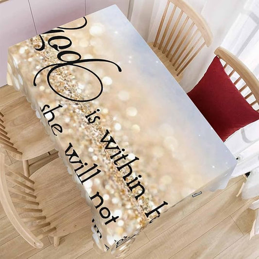 Bible Verse Decorative Table Cover for Kitchen, Oblong Tablecloth God is Within Her She Will Not Fall Dining Table Cloth Tabletop Tablecloths for BBQ Picnic Coffee 52"X70", Gold Sparkle