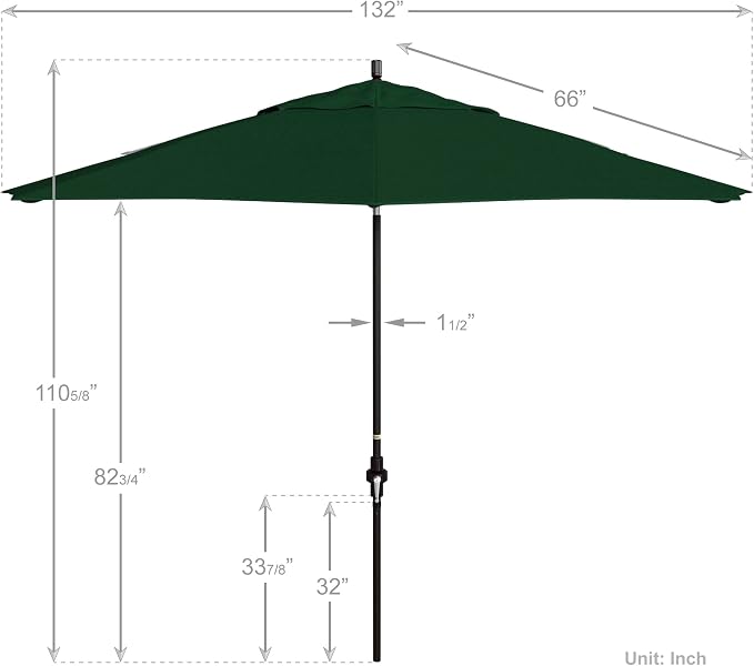 California Umbrella 11Ft Premium Patio Umbrella, Hand-Crank, Tilt-Collar, Bronze Frame, Solution Dyed Hunter Green Fabric
