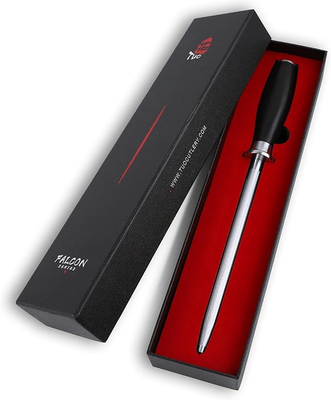 TUO Knife Sharpener Rod, 8 Inch Honing Rod for Kitchen Knife Sharpening, Professional Sharpening Steel with Ergonomic Pakkawood Handle, High Carbon German Steel, Falcon Series