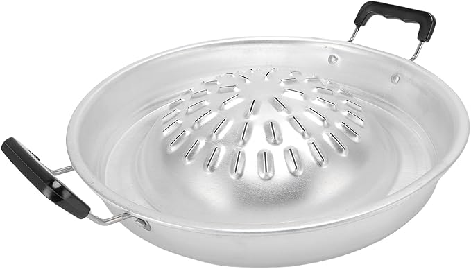 Thai Korean BBQ Grill Pan, Aluminum BBQ Grill Topper, 2 in 1 Non Stick Smoke Steak Grill Charcoal Pan Pork Hot Pot, Even Heating Barbecue Grill Plates, Camping BBQ Pan (30cm/11.81in Original Color)