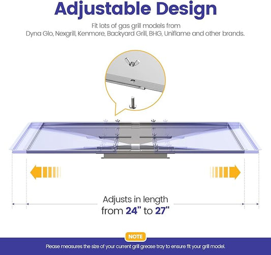 Geesta Grill Grease Tray Set, Stainless Steel Grill Replacement Parts, 24" - 27" Adjustable Grill Drip Pans Fit for Gas Grill from Dyna Glo, Nexgrill, Backyard Grill, Expert, BHG, Kenmore and More