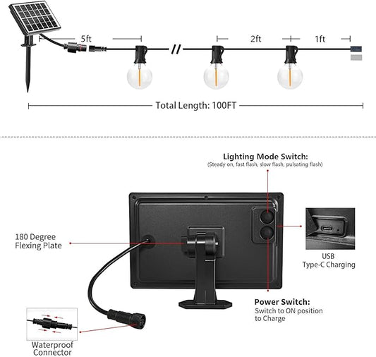SUNTHIN Solar String Lights, 200ft(2x100ft) Solar Patio Lights with 48 Shatterproof G40 LED Bulbs, Waterproof Solar Powered Outdoor Lights for Backyard, Garden, Deck, Porch, Pergola, Pool, Camping