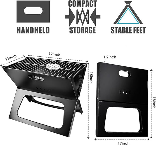 TeqHome Camping Campfire Grill, 17 Inch Portable Folding Charcoal Grills, Heavy Duty Fire Pit for Backpacking, Picnic, Bonfire, Patio, Backyard & Outdoor Cooking