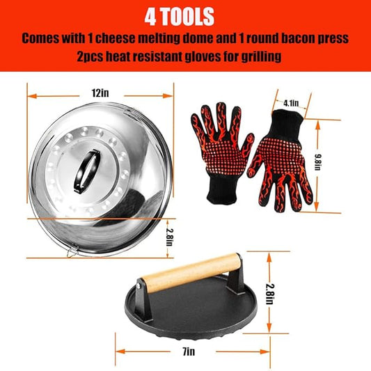 4 Piece Griddle Accessories Kit for Blackstone- 12'' Cheese Melting Dome Stainless Steel with 7'' Burger Bacon Press and 2 Pcs BBQ Heat Resistant Gloves for Flat Top Griddle Grill Indoor Outdoor