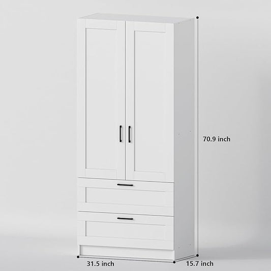 White Tall Kitchen Pantry Cabinet Organizers and Storage with Doors and Drawer and Adjustable Shelves๏ผWood Large Gabinetes Para Cocina Office Bookshelf for Laundry Room Cabinets (31.5โW*15.7โD*71โH)