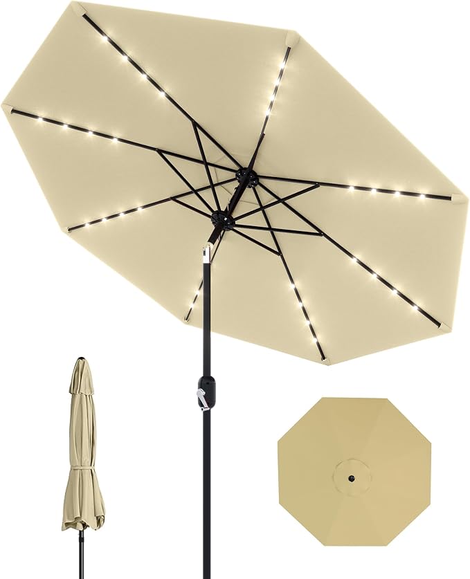 GarveeLife Patio Umbrella with Lights, 8 Ribs Outdoor Market Table Umbrella for Pool, Deck, Backyard (Beige, 9 ft)