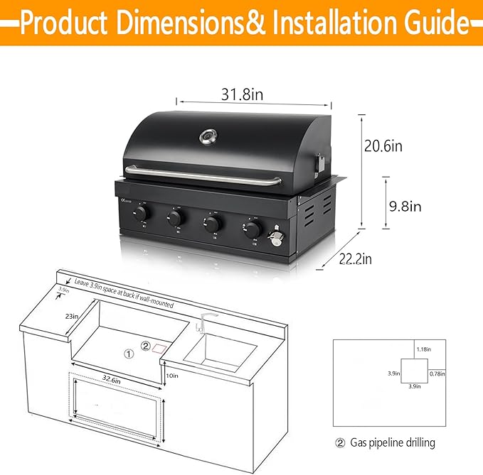 4-Burner Built-In Gas Grill, 30 Inch Super large barbecue area with 48,000 BTUs, Dual Fuel Charcoal & Gas Compatibility,Outdoor Kitchen Temperature Gauge