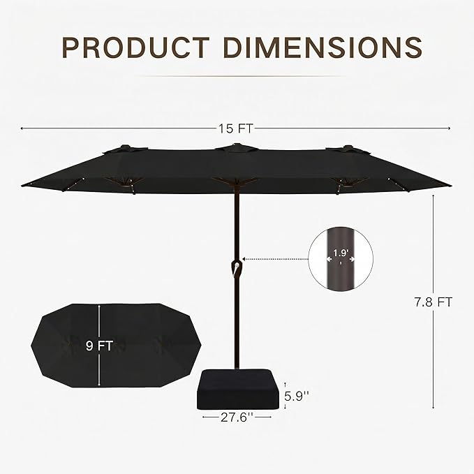 Kingdura 15ft Large Patio Umbrella with Solar Lights, Double-Sided Rectangle Lighted Outdoor Table Umbrella with Base Included, 12 Reinforced Ribs, 48 Led Lights, Crank Lift for Market Pool Deck Backyard, Black