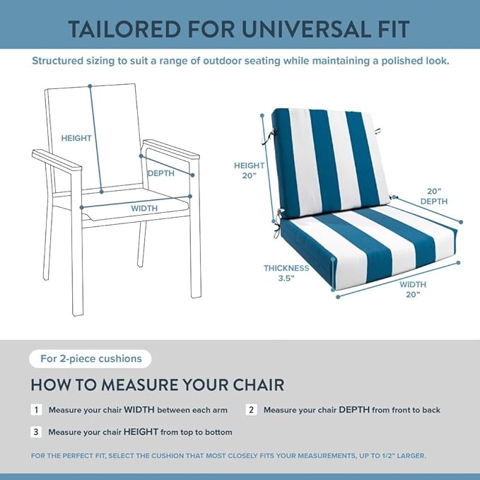 California Umbrella Outdoor Dining Chair, Set of 2 Patio Seat Cushions, 20 x 40 Inch, Premium Outdoor Memory Foam, Fade Resistant, Sunbrella Fabric, Fabric Ties, Cabana Regatta