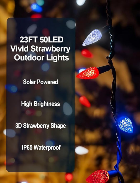 2 Pack C6 Strawberry String Lights, 50 LED Red White Blue Solar Powered Waterproof 8 Modes Outdoor Garden Patriotic Lights for 4th of July Decor