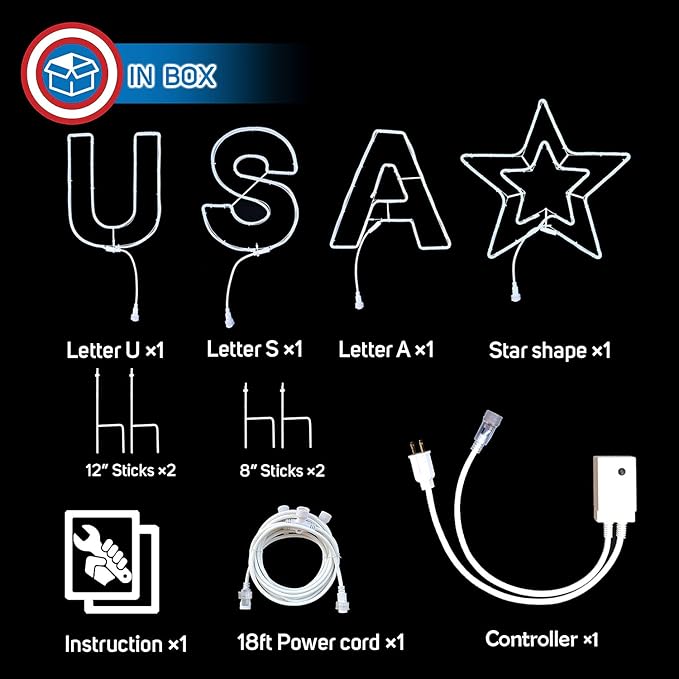 Russell Decor USA Patriotic Yard Sign Liights Star with 4-Level Dimmable Controller Waterproof Outdoor lights Red White Blue (6 ft x 2 ft)