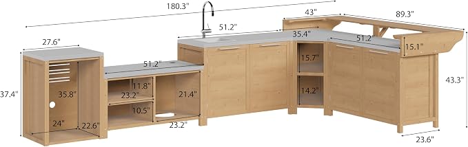MOUMON Patio Kitchen Storage Cabinet Set with Countertop, Solid Cedar Patio Prep Table Set for Grilling, Outdoor Cooking Station, Oak