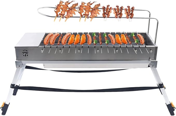 Free Standing Portable Stainless Steel Charcoal Grill USB Outdoor 17 Grill Slots for Outdoor BBQs, Camping, Tailgating & Travel Included Charcoal Grate & Fork (Silver)