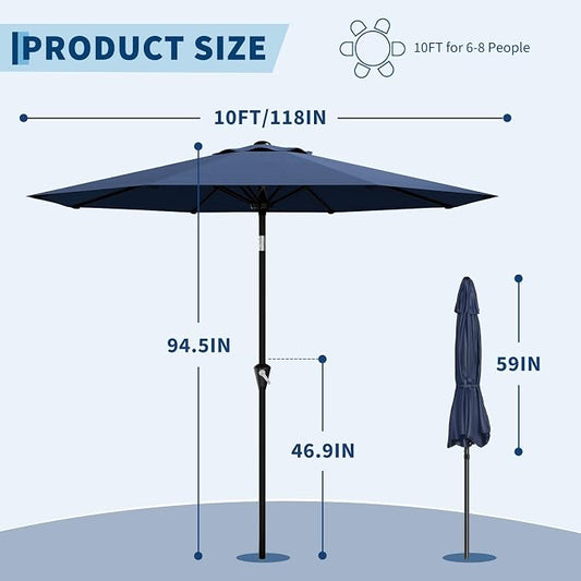 GarveeLife 10FT Umbrella Outdoor Patio, Backyard Umbrella with 8 Sturdy Ribs, Push Button Tilt and Crank, Waterproof UV Protection for Garden, Table, Pool, Market | Table Umbrella Waterproof UV Protection for Garden, Pool, Deck, Backyard, Market (Navy ...