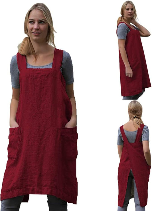 TBA Cotton Linen Apron Cross Back Apron for Women with Big Pockets Square Pinafore Dress for Baking Cooking BBQ & Grill