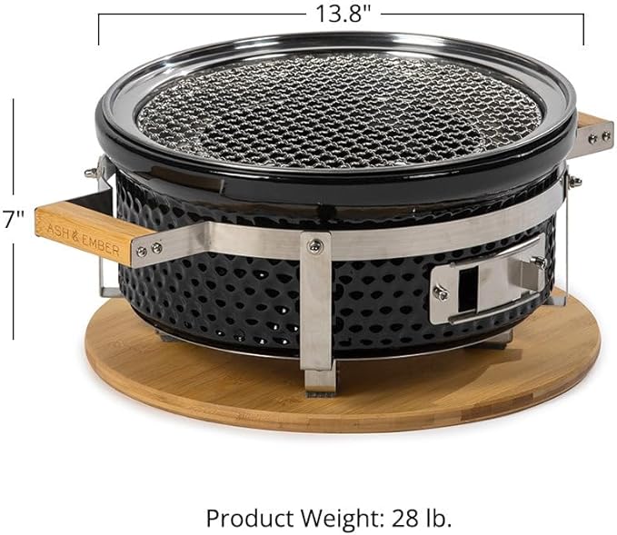 Ash & Ember 14" Hibachi Tabletop Grill & Griddle Set, Ceramic Charcoal Grill, Stainless Steel Cooking Grate, Non-Stick Maifan Griddle, Griddle Lifter, Adjustable Temp Control
