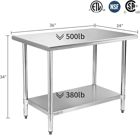 STABLEINK 18-Gauge Stainless Steel Prep Table with Undershelf 36”x24” 3ft | NSF Certified Heavy Duty Metal Work Table Workbench for Commercial Kitchen Restaurant Hotel Laundry Garage Chef Homemaker