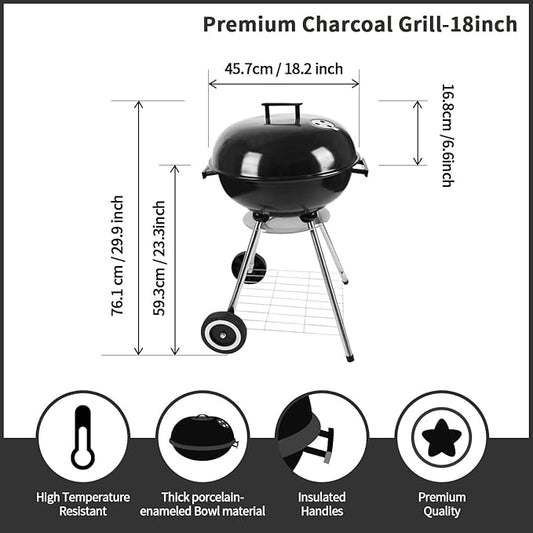 18 Inch Charcoal Grill, BBQ Kettle Grill with Enamel Lid & Ash Catcher, Portable Charcoal Grill for Outdoor Grill Camping and Small Patio Backyard, Includes Wheels for Easy Mobility