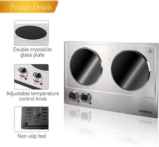 CUSIMAX 1800W Ceramic Electric Hot Plate for Cooking, Double Burner, Silver | Dual Control Infrared Cooktop, Portable Countertop Burner, Glass Plate Electric Cooktop, Stainless Steel