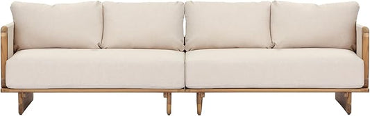 Merax Acacia Wood Outdoor Patio 105 Inch Loveseat Sofa with Cushions, Large 4-Seater Sofa Daybed for Backyard, Lawn, Deck, Balcony, Water Repellent Fabric, 400 lbs Capacity, Light Teak +Beige