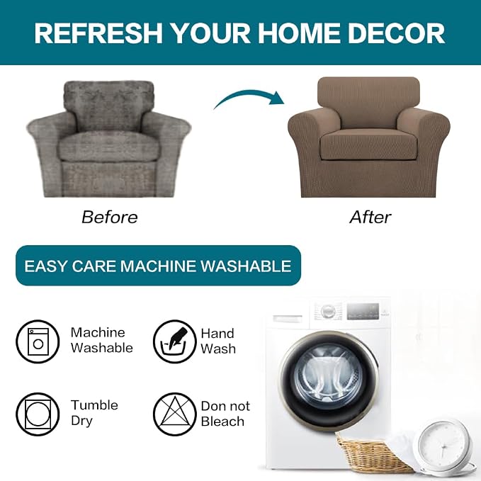 Turquoize 2 Piece Chair Covers Armchair Slipcovers for Living Room Armchair Sofa Cover with Individual Cushion Covers Feature Jacquard Fabric (Chair, Macchiato)