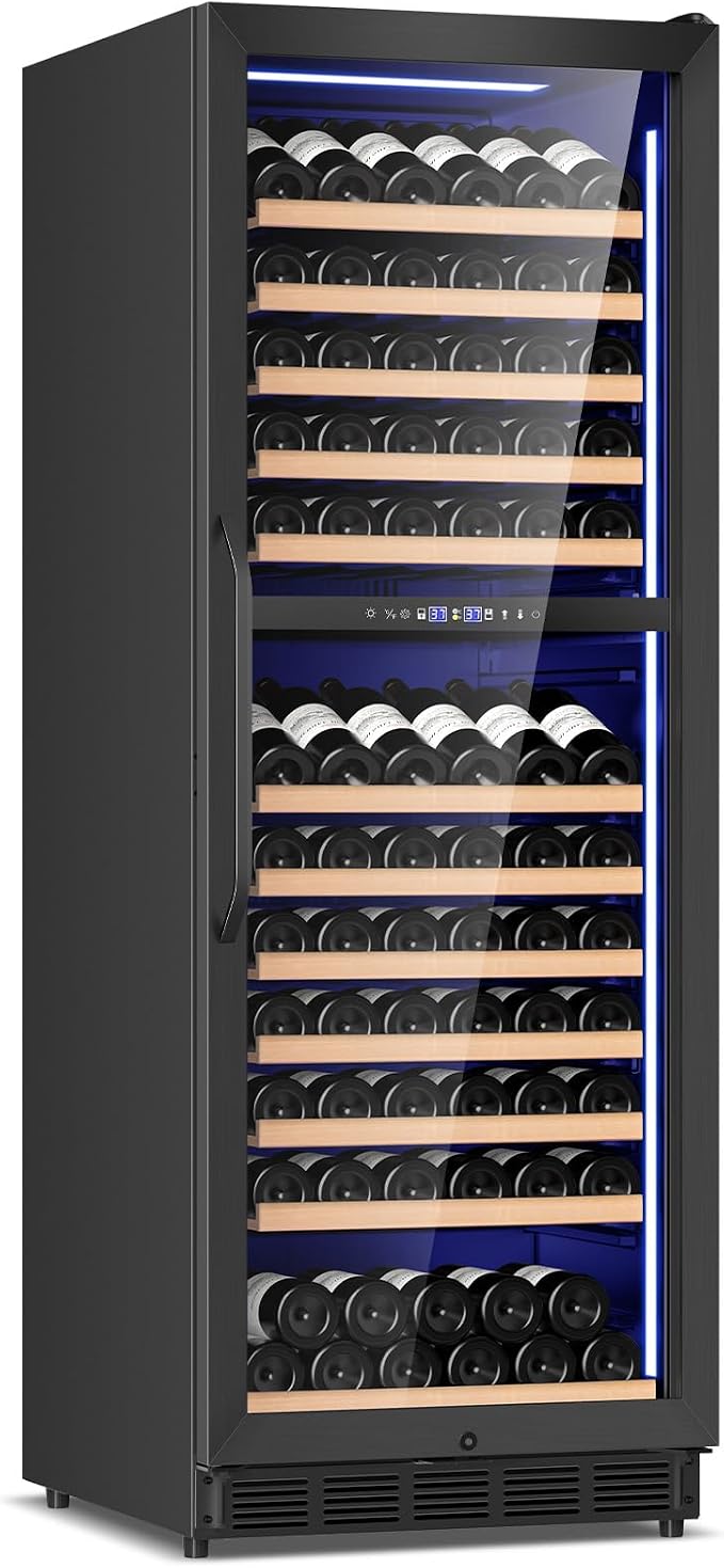 FoMup Wine Fridge Dual Zone, Freestanding Wine Cooler Refrigerator 180 Bottles Large Capacity with Sliding Rail Wooden Shelves and Door Lock, Black