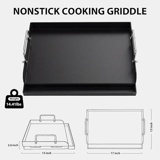 Utheer 17 x 13 x 2.6 Inch Nano-Ceramic Nonstick Griddle Plate for Gas and Charcoal Grills, Pre-Seasoned Cast Iron Flat Top Insert with Grease Groove, Removable Handles for BBQ, Camping, Tailgating