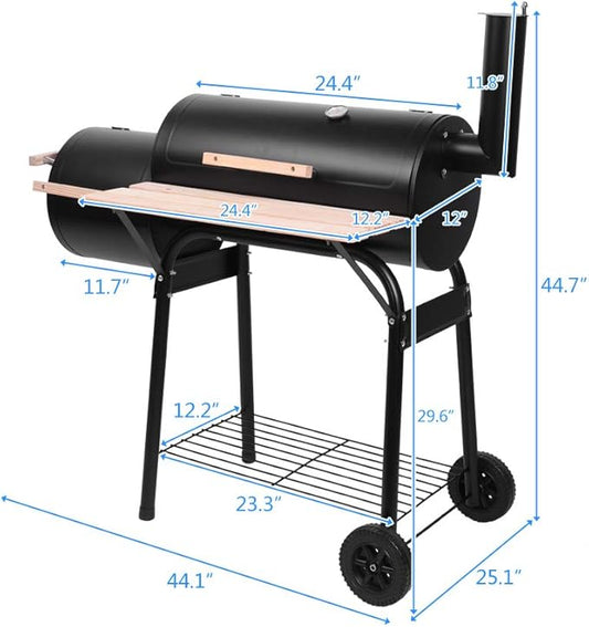 44'' Portable Barrel Charcoal BBQ Grill, Steel Outdoor Barbecue Smoker with Storage Shelf & Wheels, Outdoor Grills & Smokers for Garden Camping Picnic, Black