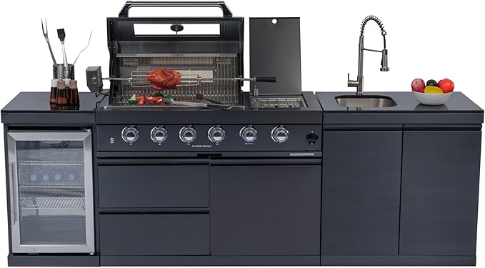 98" Natural Gas Outdoor Kitchen Island - 46-Inch 4-Burner 72,000 BTU Deluxe Stainless Steel Grill Wine Cooler Compact Refrigerator Rotisserie kit Granite Countertops Stainless steel Sink,Black