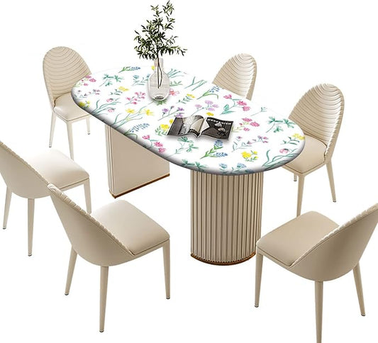 Spring Flowers Oval Fitted Tablecloth, Purple Lavender and Pink Floral Elastic Edged Table Cover, Fits to 52x70 In Tables, Table Cloths for Outdoor Picnic Camping and Indoor Kitchen Dining Party Use