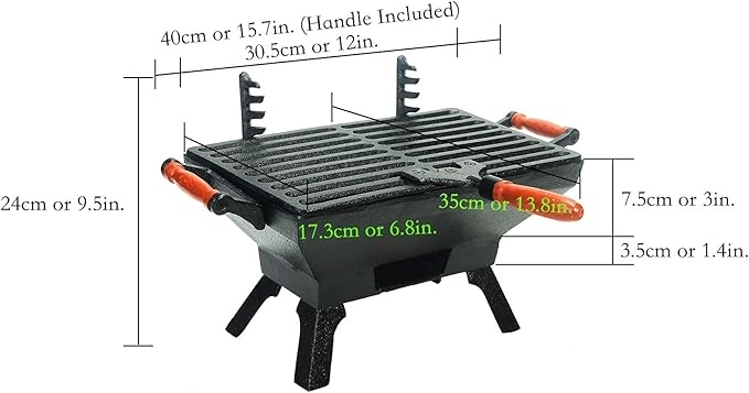 Sungmor Heavy Duty Cast Iron BBQ Grill - Indoor Outdoor Tabletop Small Charcoal Grill Stove - 31.5 x 19CM, Rectangle - Ideal Smoker Grill for Barbecues, Camping, Picnics, Parties