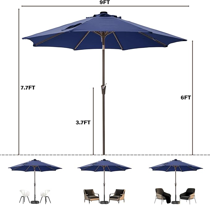 9FT Solar-Powered LED Patio Umbrella with Tilt Crank,Outdoor Market Umbrella with 32 Lights,Sunshade for Deck, Garden and Pool