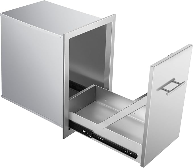 Pull Out Trash Can Drawer Outdoor Kitchen Trash Cabinet Stainless Steel Flush Mount for Outdoor Kitchens & BBQ Islands 14" W x 25.7" H x 19.4" D