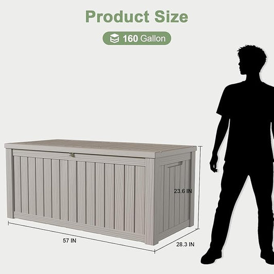 160 Gallon Deck Box, Heavy-Duty Double-Wall Outdoor Storage Box Waterproof for Patio Furniture Cushions & Garden Tools, Lockable Resin Storage Bench with Piston Hinge, Gray