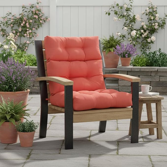 Outdoor Tufted High-Back Chair Cushions, One-Piece Hinged Seat and Back Design, Reversible with 4 Ties, Durable Polyester Fabric, Recycled Fiber Fill - Single, Coral