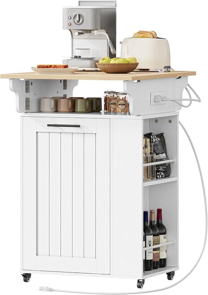 HOOBRO Kitchen Island with Trash Can Storage, Rolling Kitchen Island with Drop Leaf Countertop, Island Table with Power Outlet & Spice Rack, for 10 Gallon Garbage Bin, White and Natural WN33UZD01