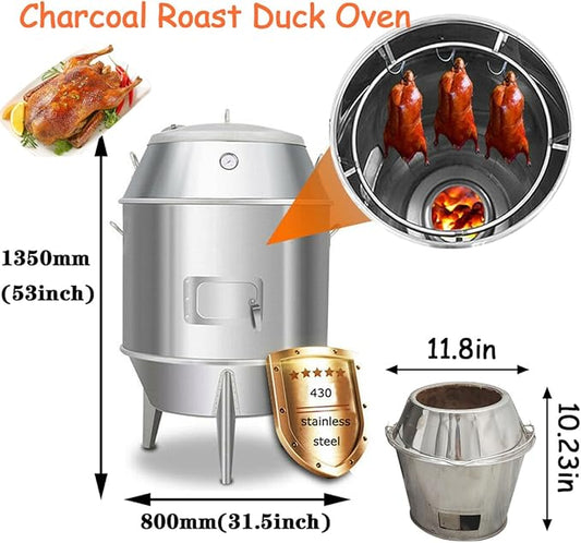 INTBUYING Commercial Duck Roaster Oven Charcoal Roast Duck Oven 31.5x31.5x53in Stainless Steel BBQ Grill for Peking Duck, Chicken, Turkey, Pork, Lamb, 0-500°C, Restaurant-Grade Roasting Machine