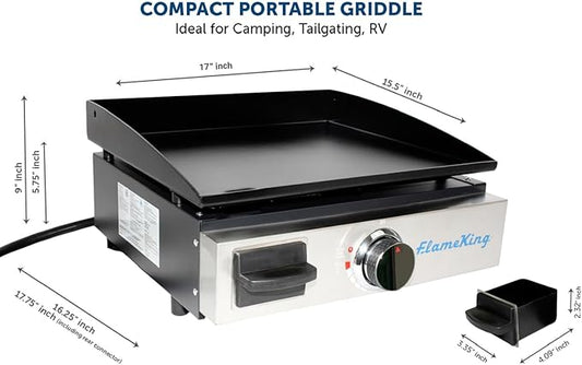 Flame King 17-inch Flat Top Griddle for BBQ Grill w/Regulator, Propane Gas Griddle for RV Pullout Kitchen