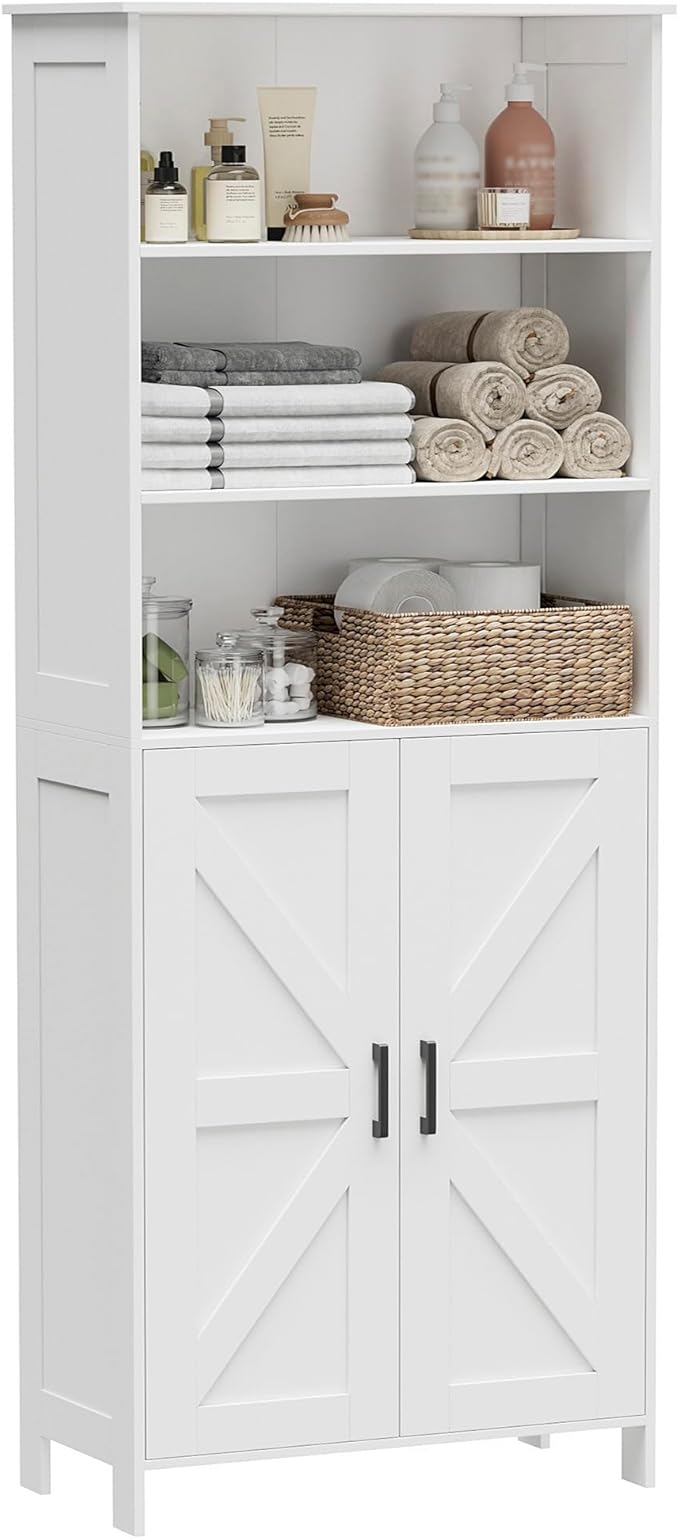Homhedy 67" Tall Bathroom Storage Cabinet, Freestanding Farmhouse Cabinet with 2 Doors and Adjustable Shelf, Bathroom Organizers and Storage for Kitchen, Living Room, Laundry Room, White