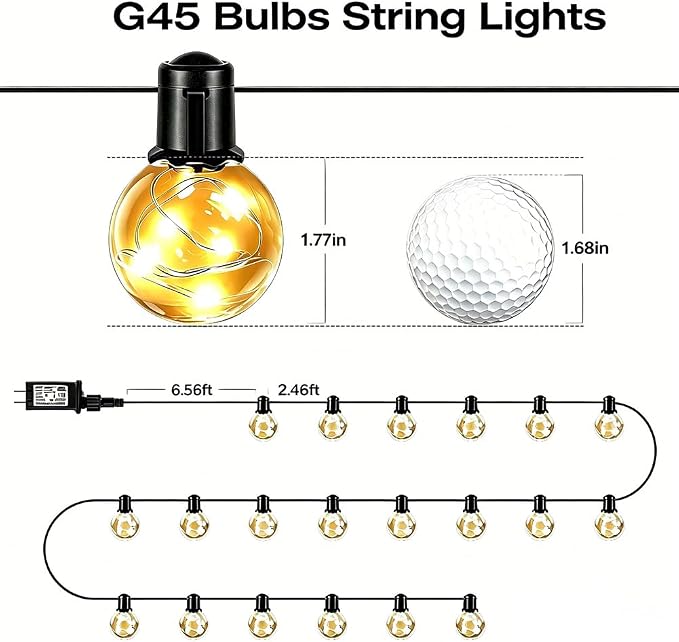 50ft Outdoor String Lights, 20 LED Bulbs Warm White Patio Lights | Dimmable, Timer, Remote, IP65 Waterproof Hanging Globe Bulb Shatterproof for Outside Backyard Balcony Bistro Christmas Decor