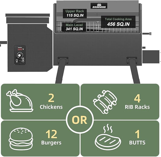 DAMNISS Wood Pellet Grill & Smoker 8-in-1 Pellet Grill with Automatic Temperature Control, & Rain Cover 456 Sq in Area for Backyard Camping Outdoor